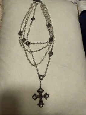 Victorian-Inspired Pearl Cross Multi-Strand Necklace